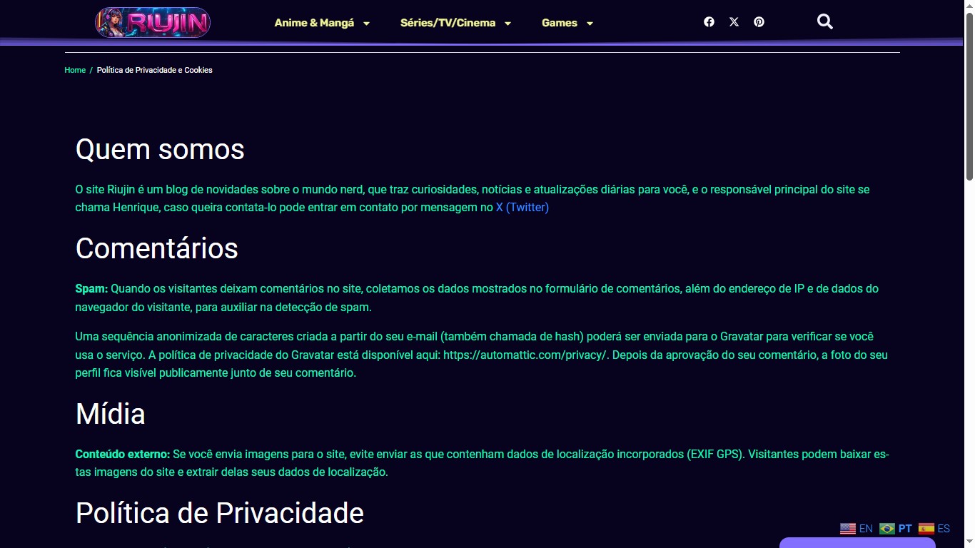 Riujin Política de Privacidade e Cookies